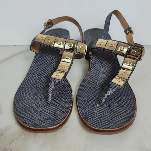 Tory Burch Navy Snake Print Leather Studded T-strap Block Heel Sandals, 10.5 - Picture 5 of 15